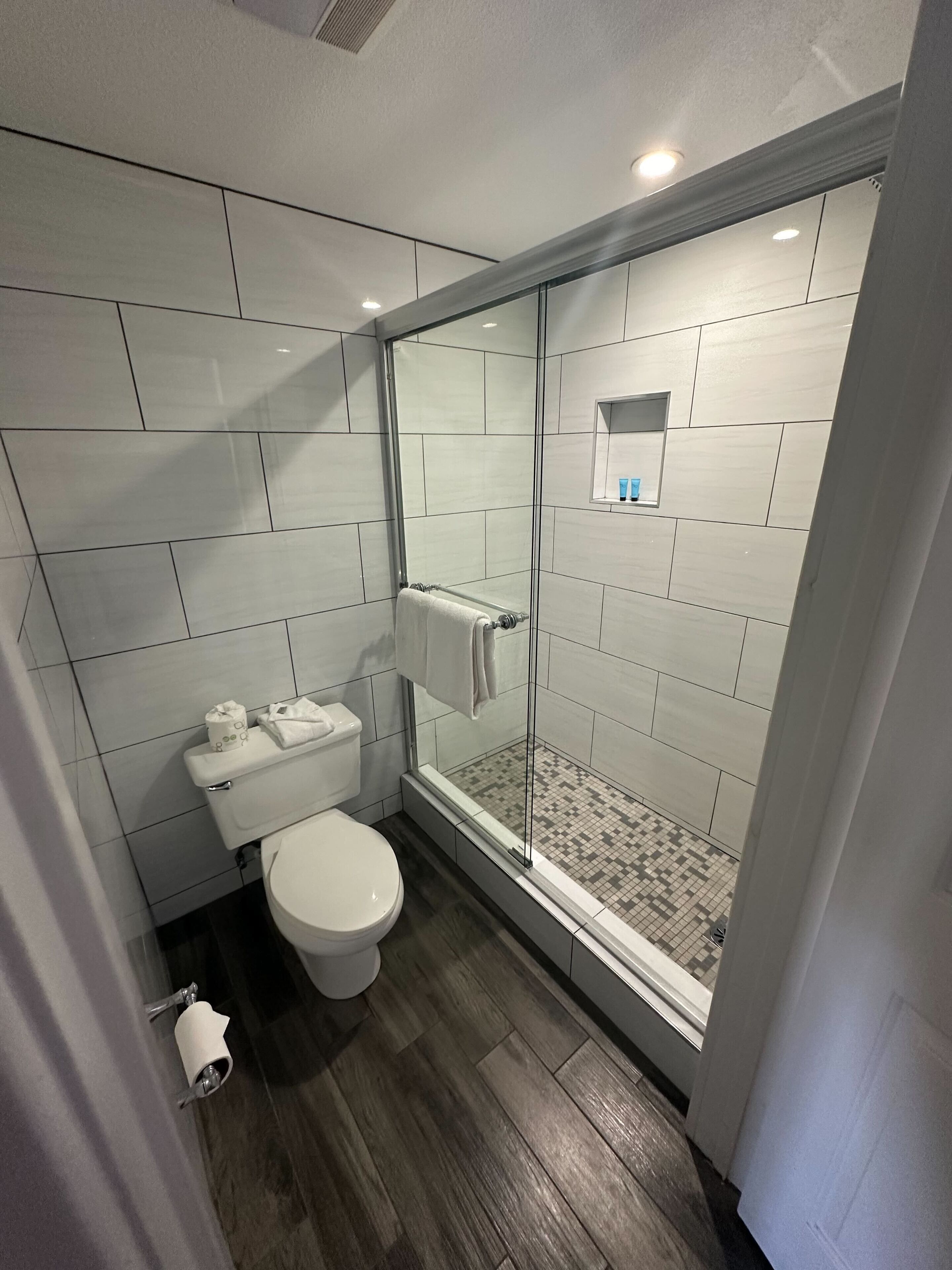 Un baño moderno con ducha de vidrio, inodoro y un pequeño estante con artículos de aseo.