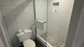 Un baño moderno con ducha de vidrio, inodoro y un pequeño estante con artículos de aseo.