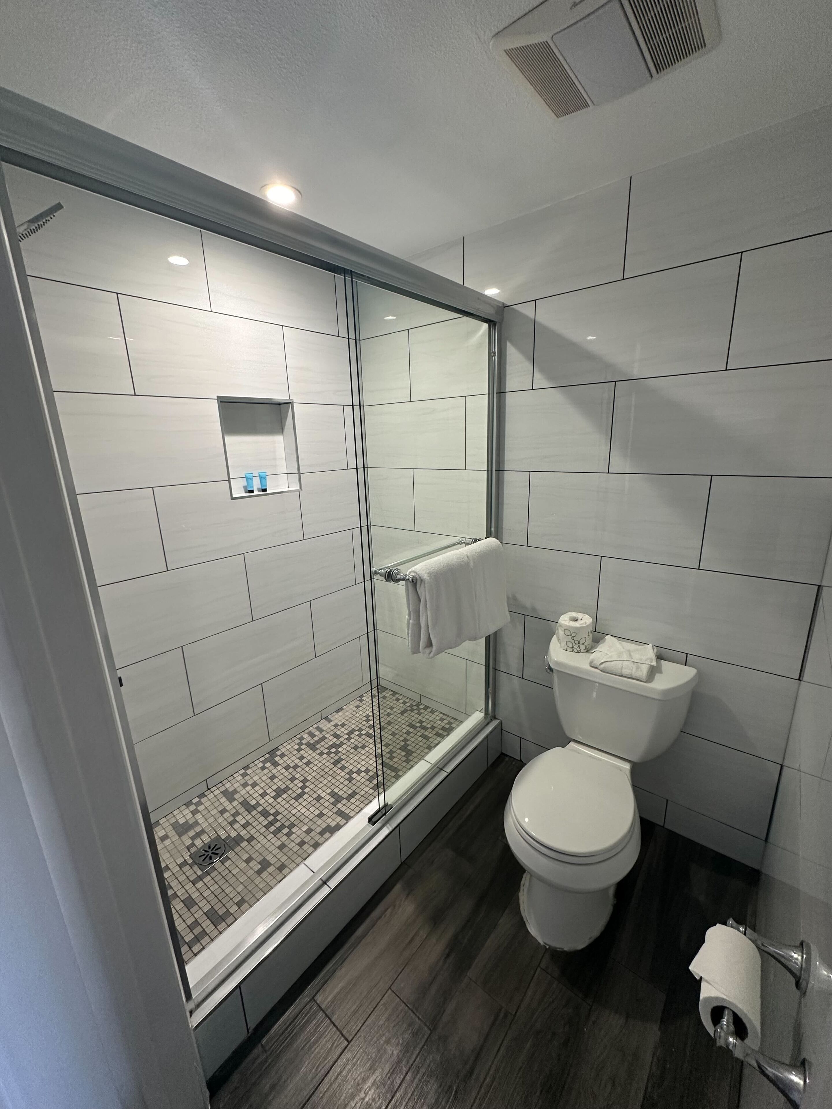 Un baño moderno con ducha envuelta en vidrio, inodoro y un estante pequeño con artículos de aseo.