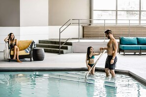 Indoor pool, seasonal outdoor pool, pool umbrellas, pool loungers