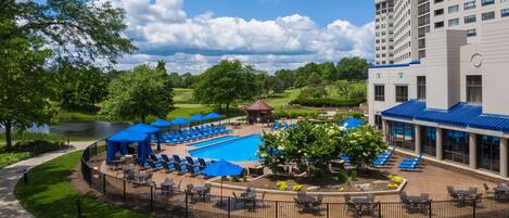Indoor pool, seasonal outdoor pool, pool umbrellas, pool loungers