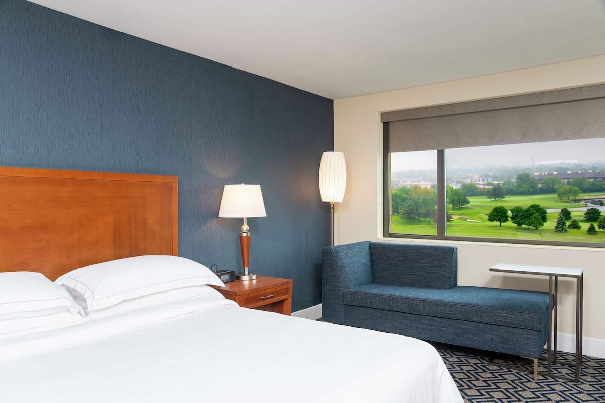 A hotel room with a bed, a chair, a desk, a lamp, and a window with a view of a golf course.