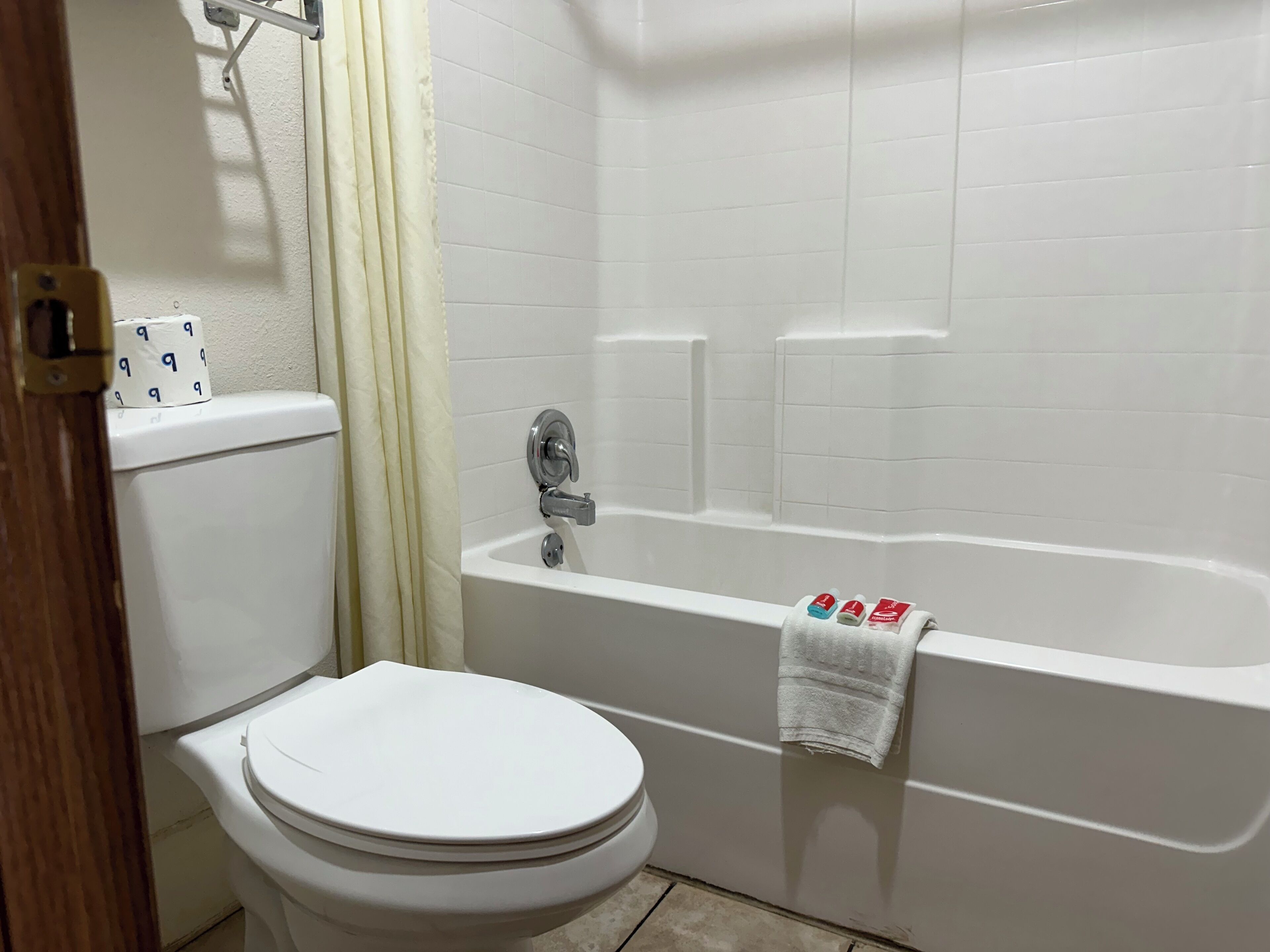 A bathroom with a toilet, a bathtub, and a shower.