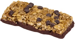 Indulge in a rich chocolate bar topped with crunchy granola and sweet chocolate chips.