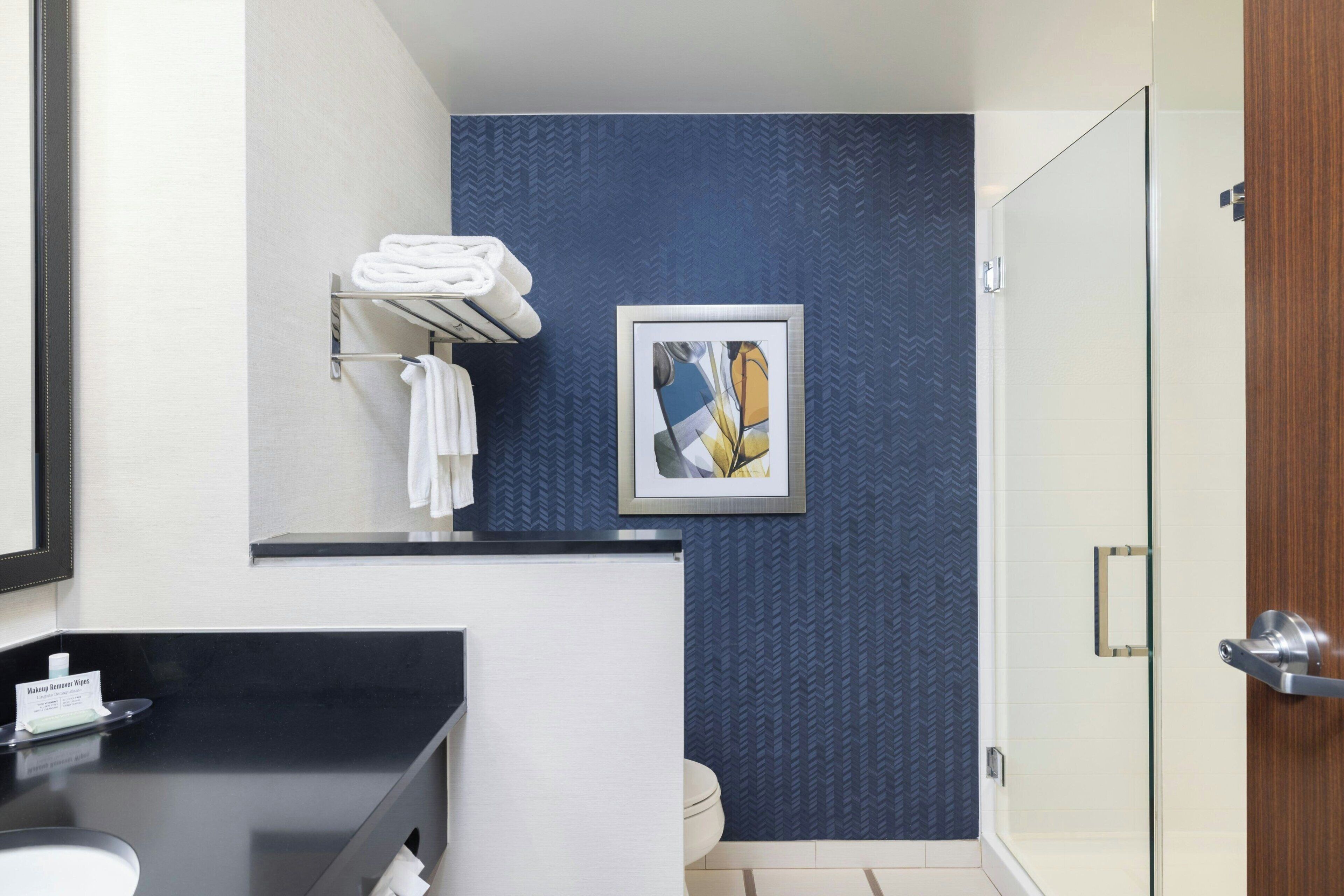 Un bagno con un piano di lavoro nero, un lavandino bianco, un porta asciugamani con asciugamani piegati, un quadro appeso alla parete e una porta doccia in vetro.