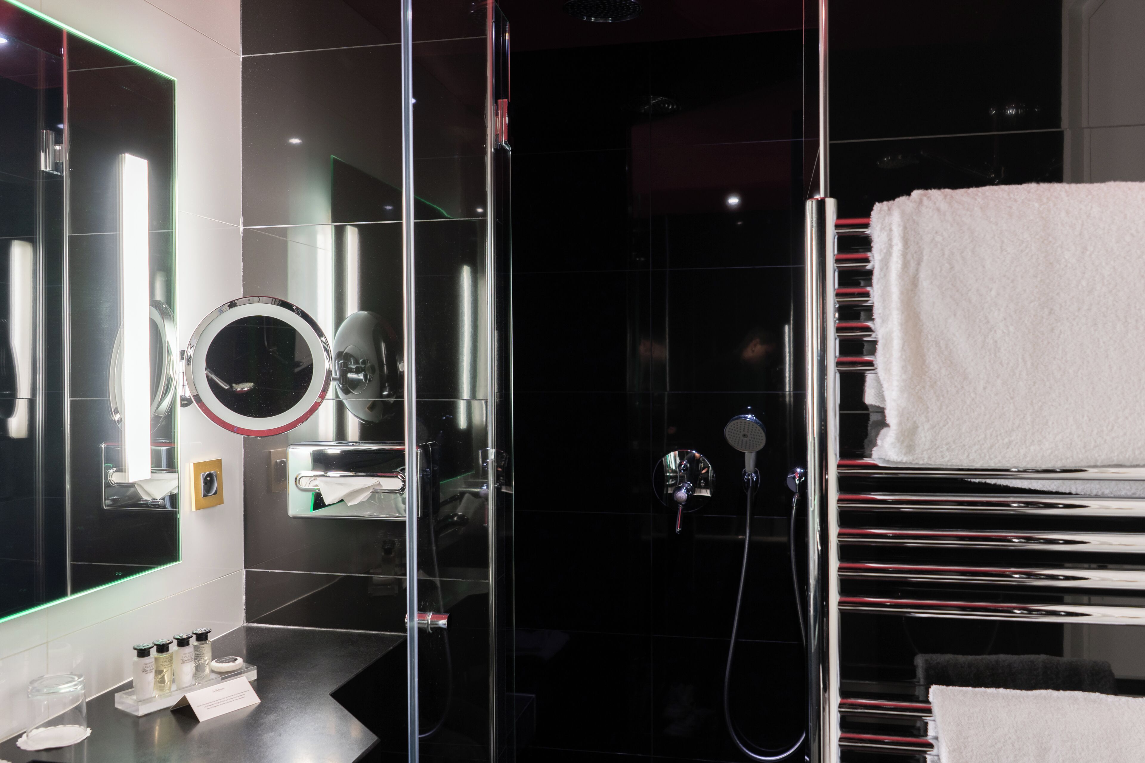 free toiletries, hair dryer, slippers, towels