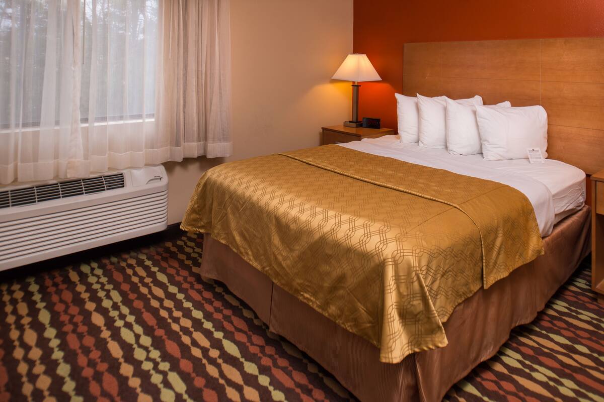 A hotel room with a bed, a nightstand, a lamp, and a window with curtains.