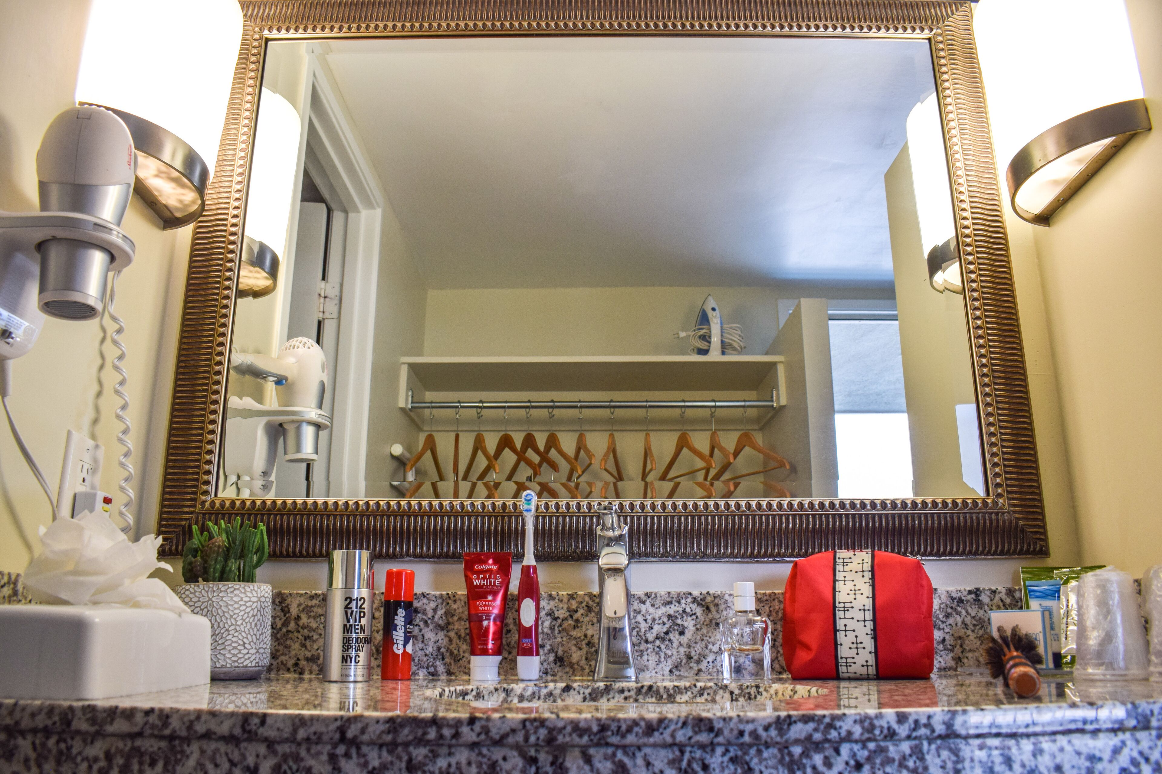 free toiletries, hair dryer, slippers, towels