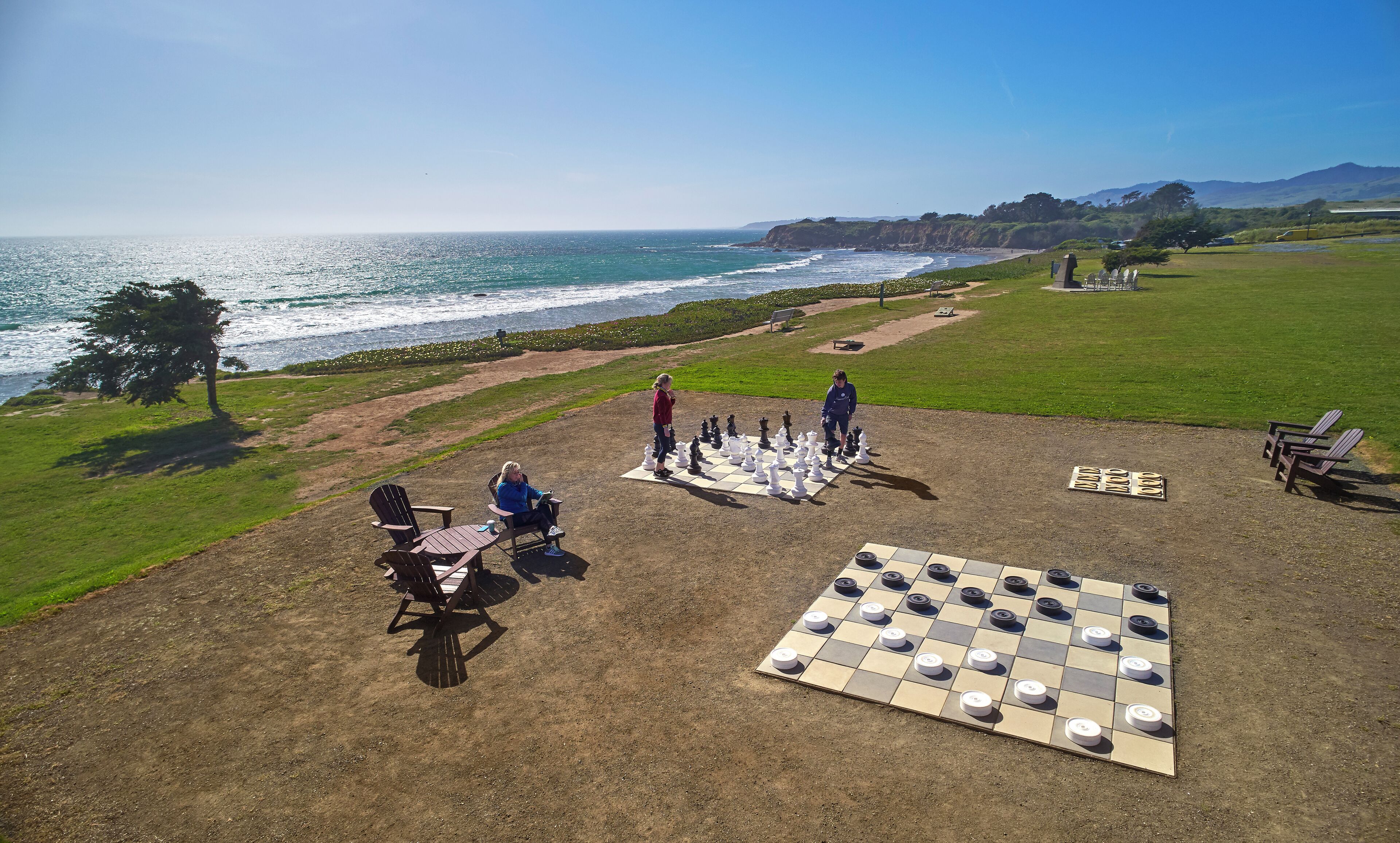A chessboard set up on a grassy area with a scenic ocean view.