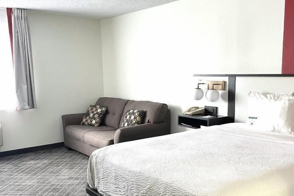A hotel room with a bed, a sofa, a nightstand, and a wall-mounted lamp.