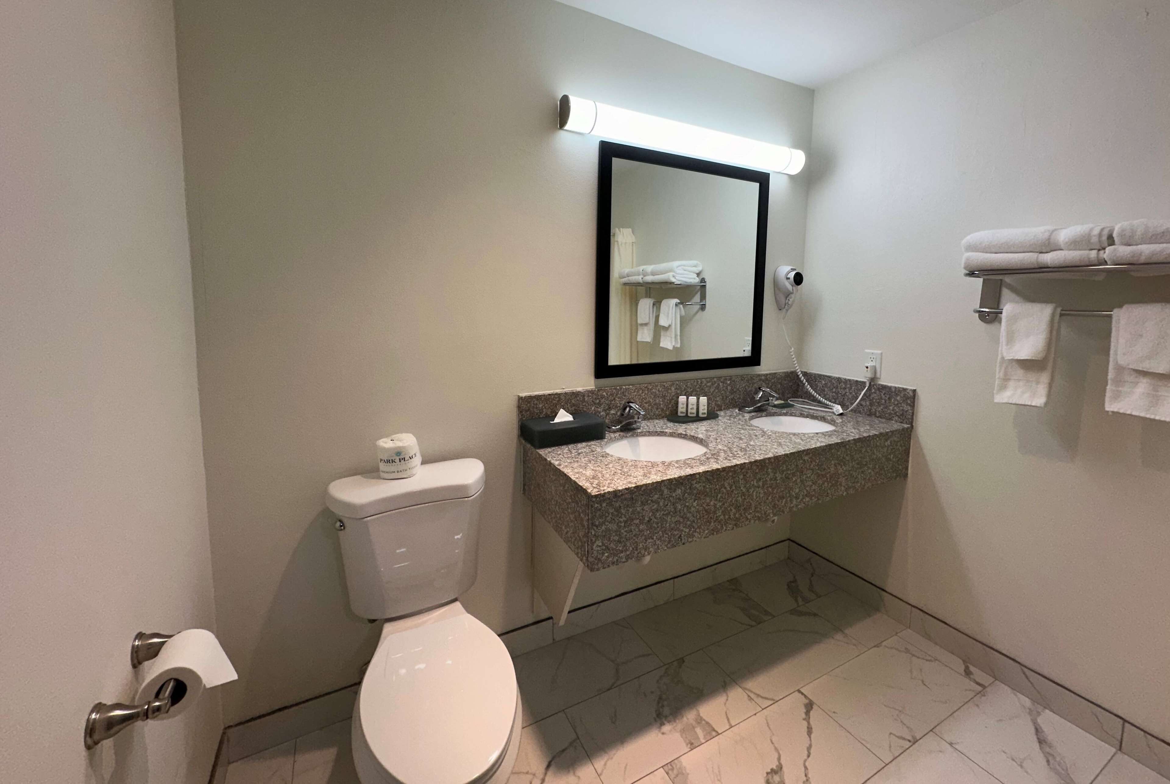 A bathroom with a toilet, two sinks, a mirror, and a towel rack.