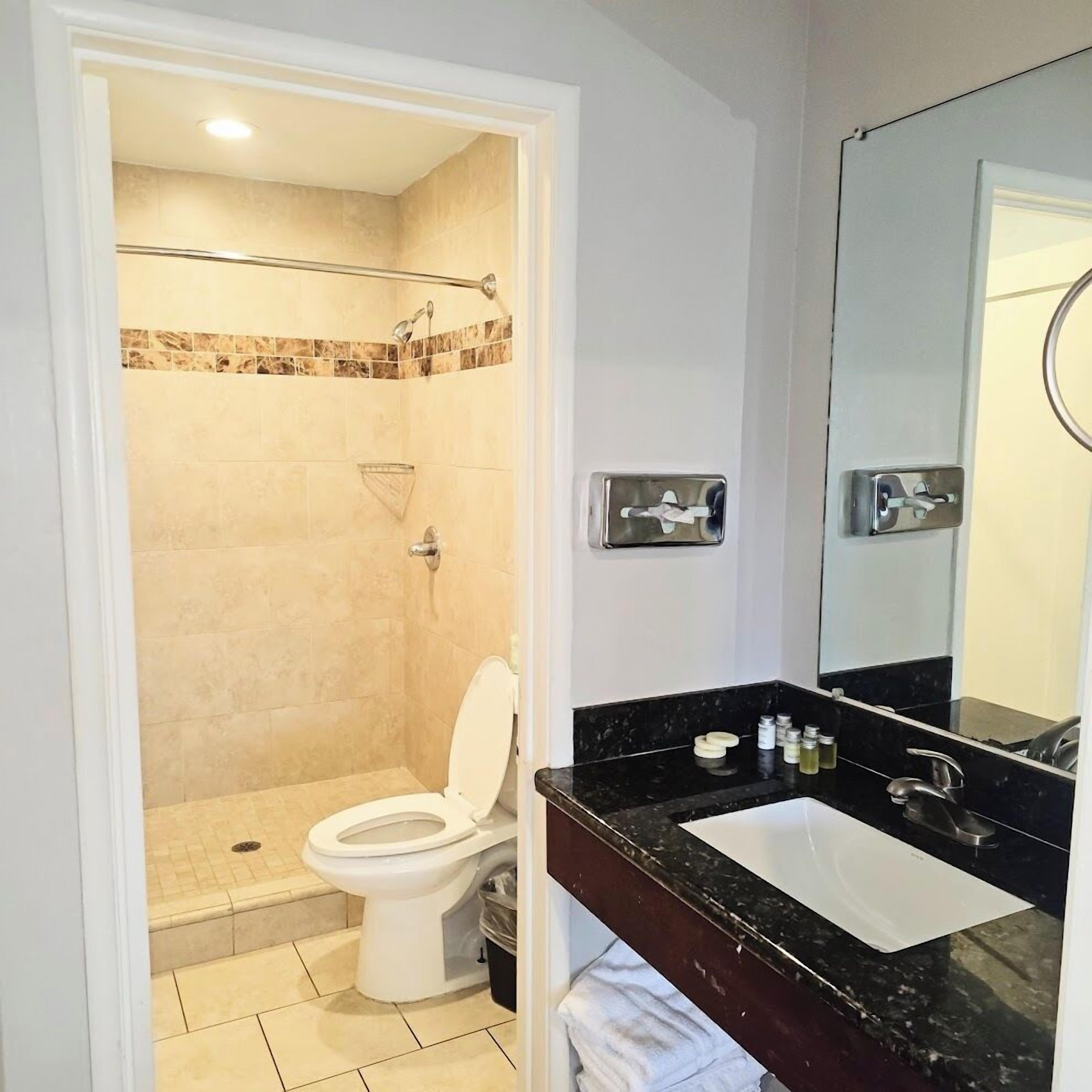A bathroom with a shower, toilet, and sink.
