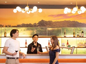 A bar area with a bartender and customers. There are bottles of alcohol on the shelves behind the bar.