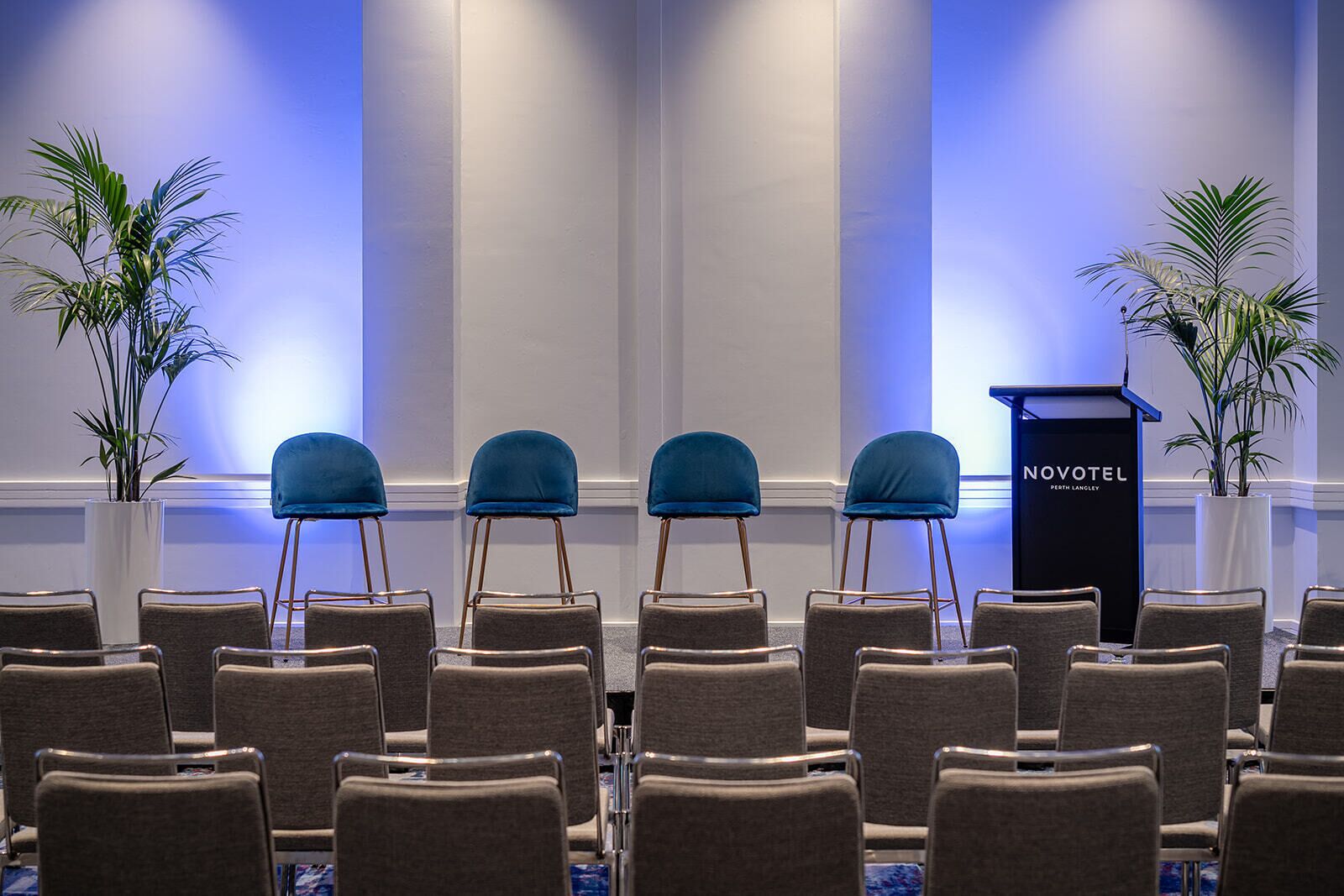 Een vergaderzaal met rijen stoelen, een spreekgestalte en potplanten.