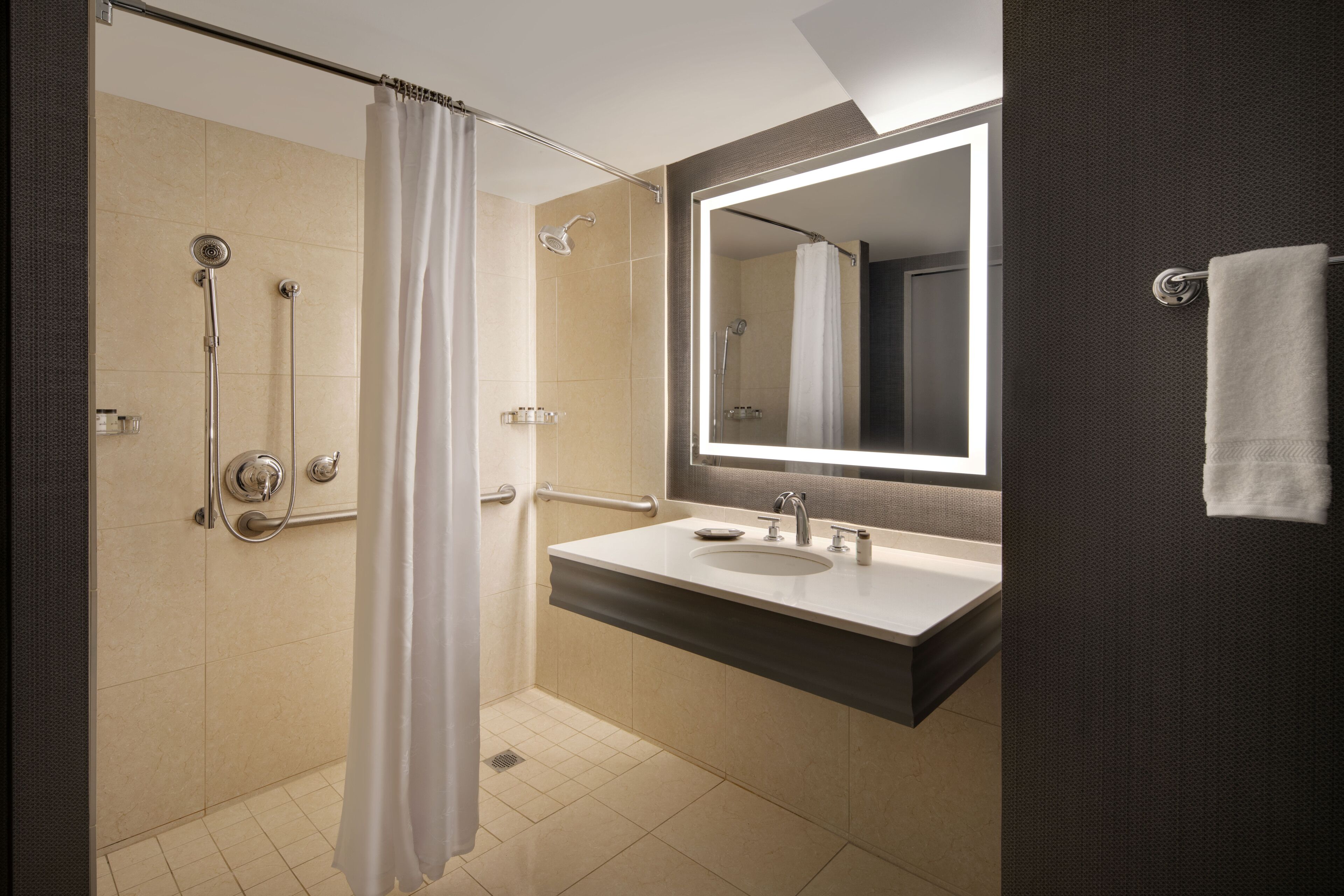 A modern bathroom with a walk-in shower, a vanity with a sink, and a large mirror.