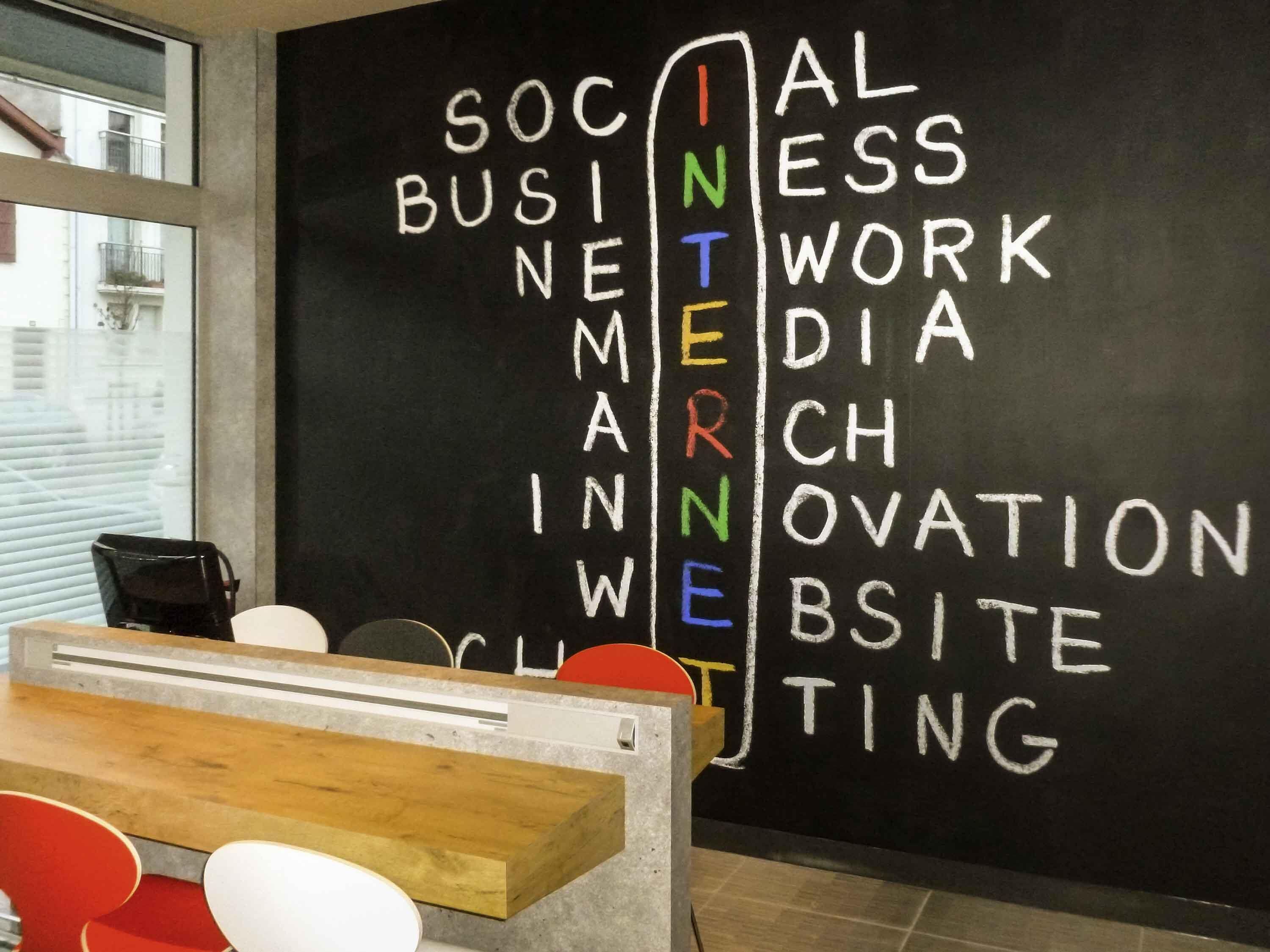A blackboard with words related to social media and internet technology.