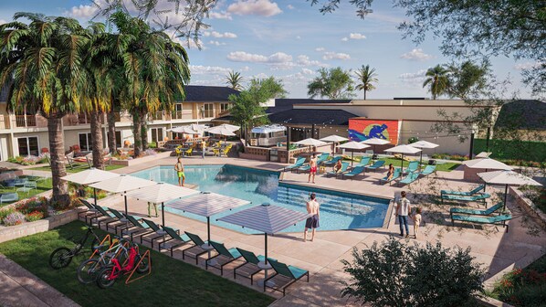 Outdoor pool, open 7:00 AM to 10:00 PM, sun loungers