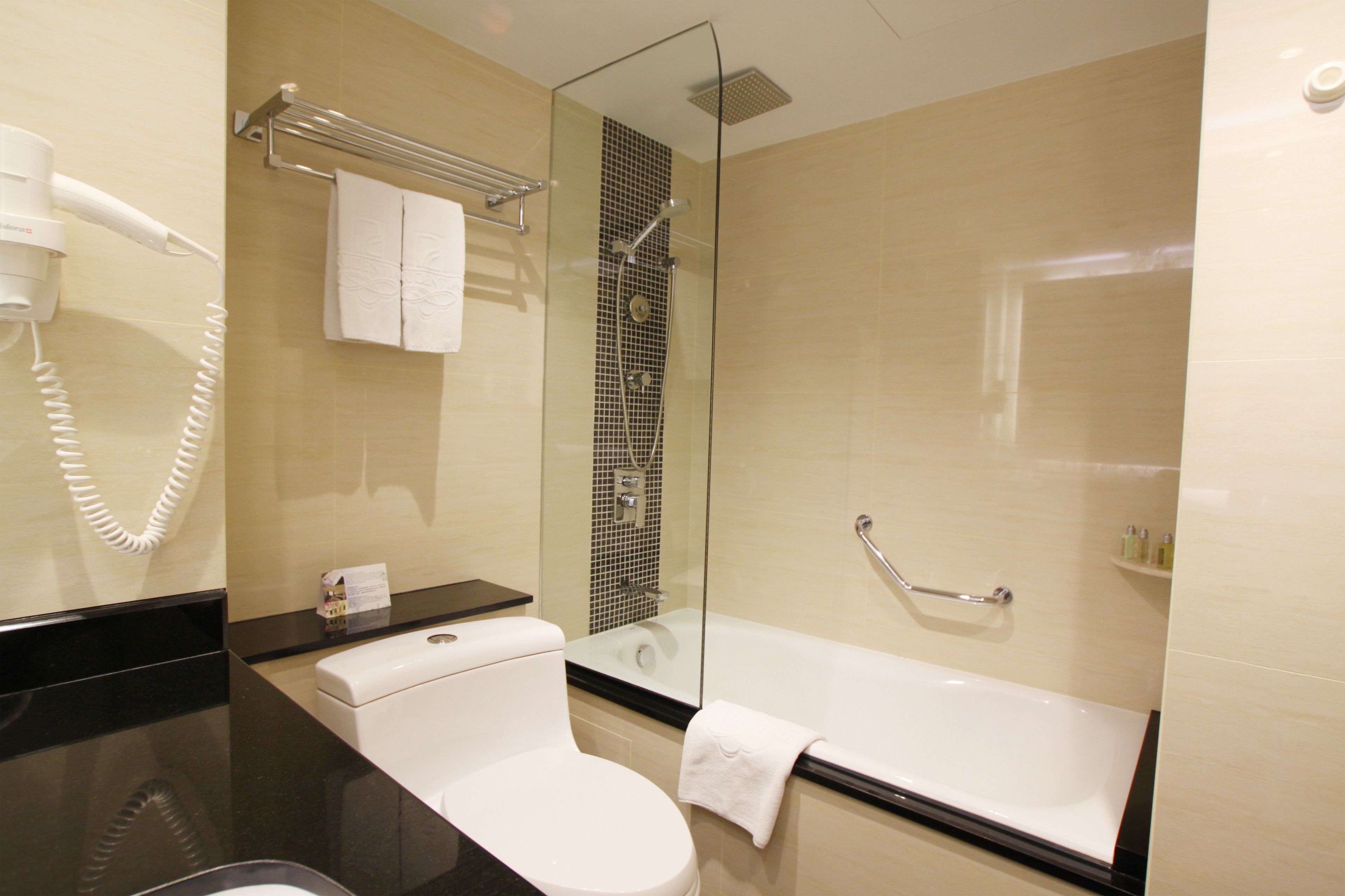 free toiletries, hair dryer, slippers, towels