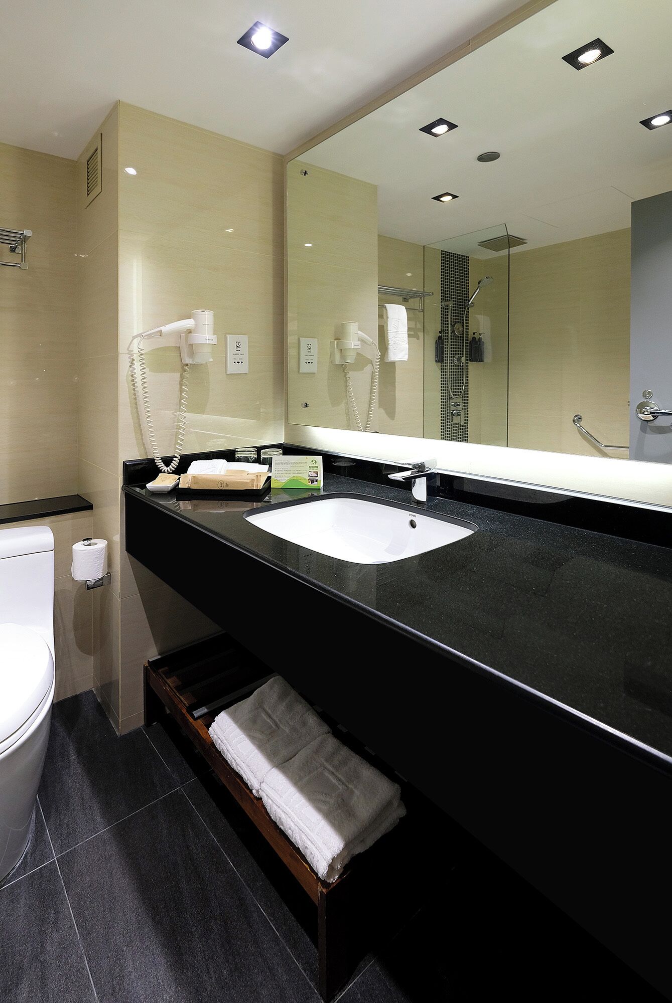 free toiletries, hair dryer, slippers, towels