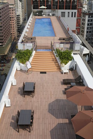 Seasonal outdoor pool, pool umbrellas, lifeguards on site