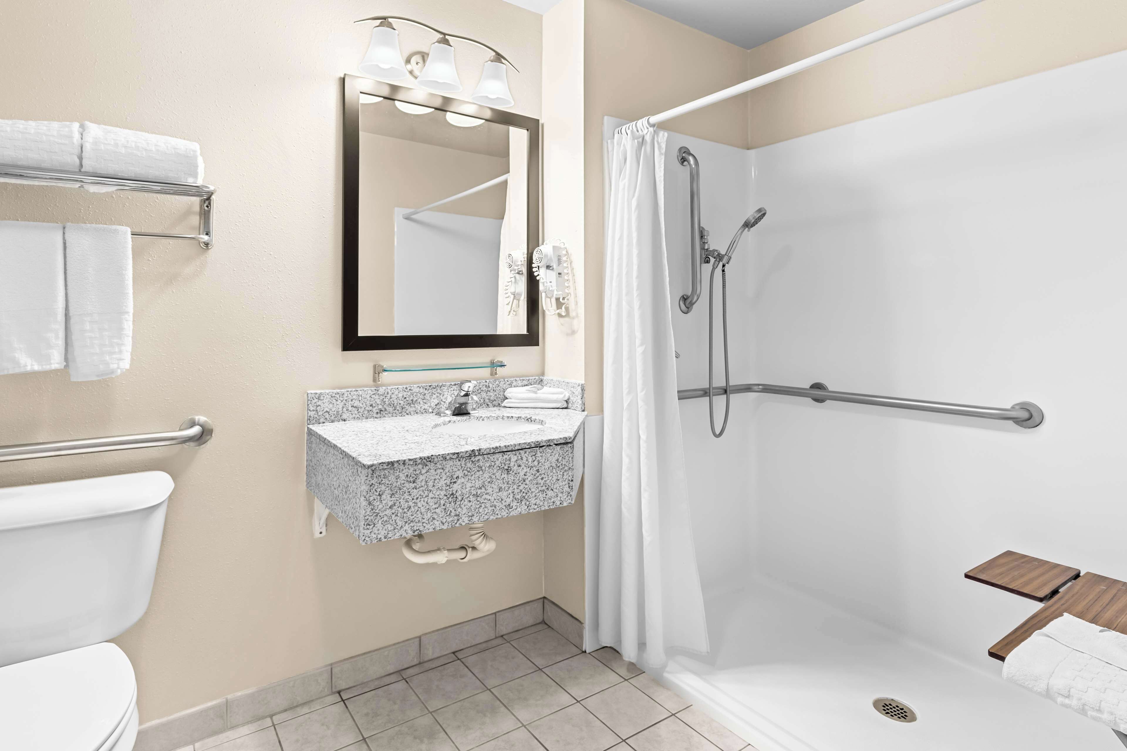 standard room, 1 king bed, accessible, refrigerator & microwave | bathroom | combined shower/bathtub, free toiletries, hair dryer, towels