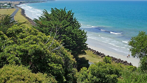 A coastal view with a road leading to a beach, surrounded by dense greenery.