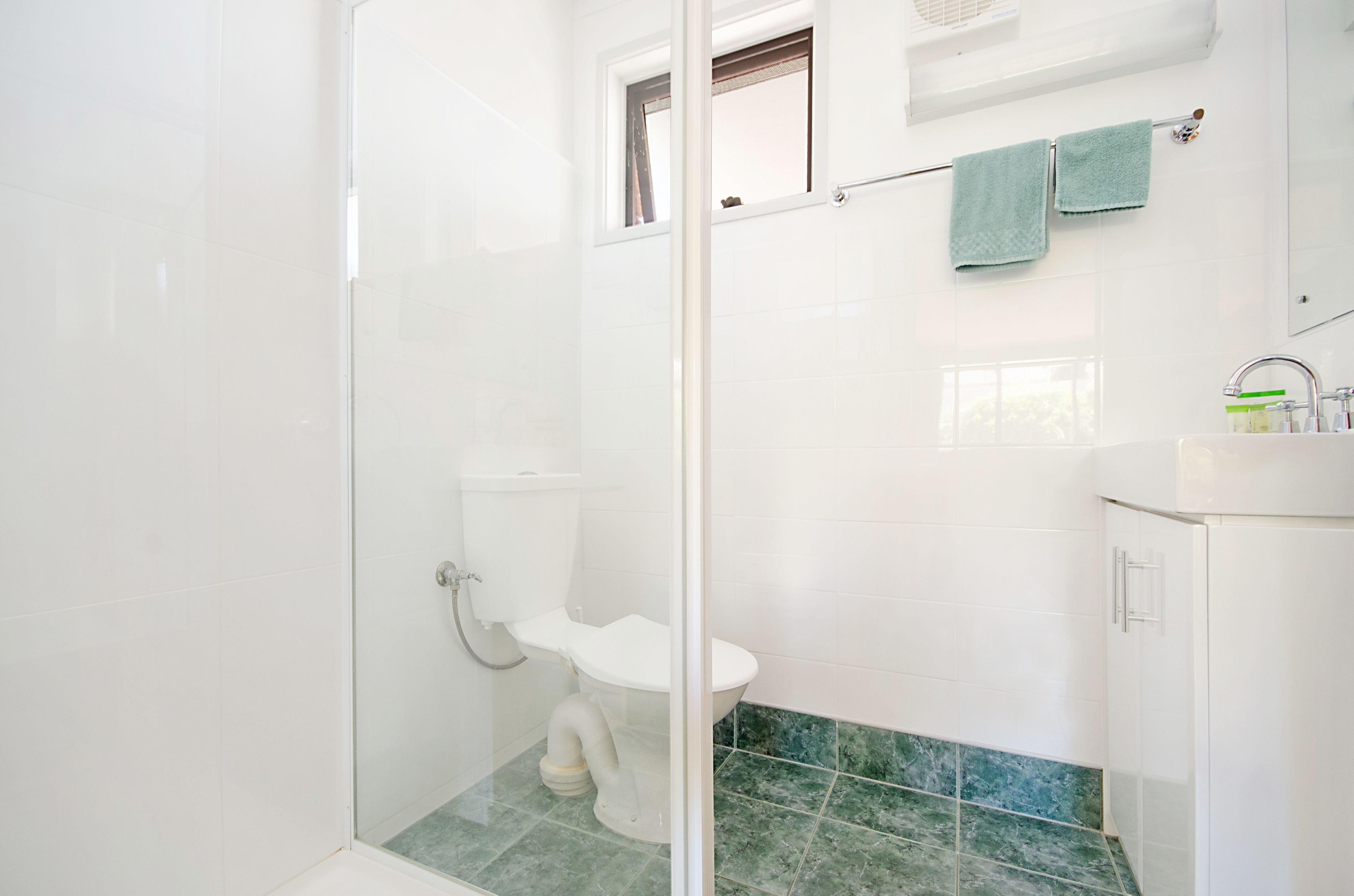 A bathroom with a glass-enclosed shower, a white toilet, and a sink with a mirror.