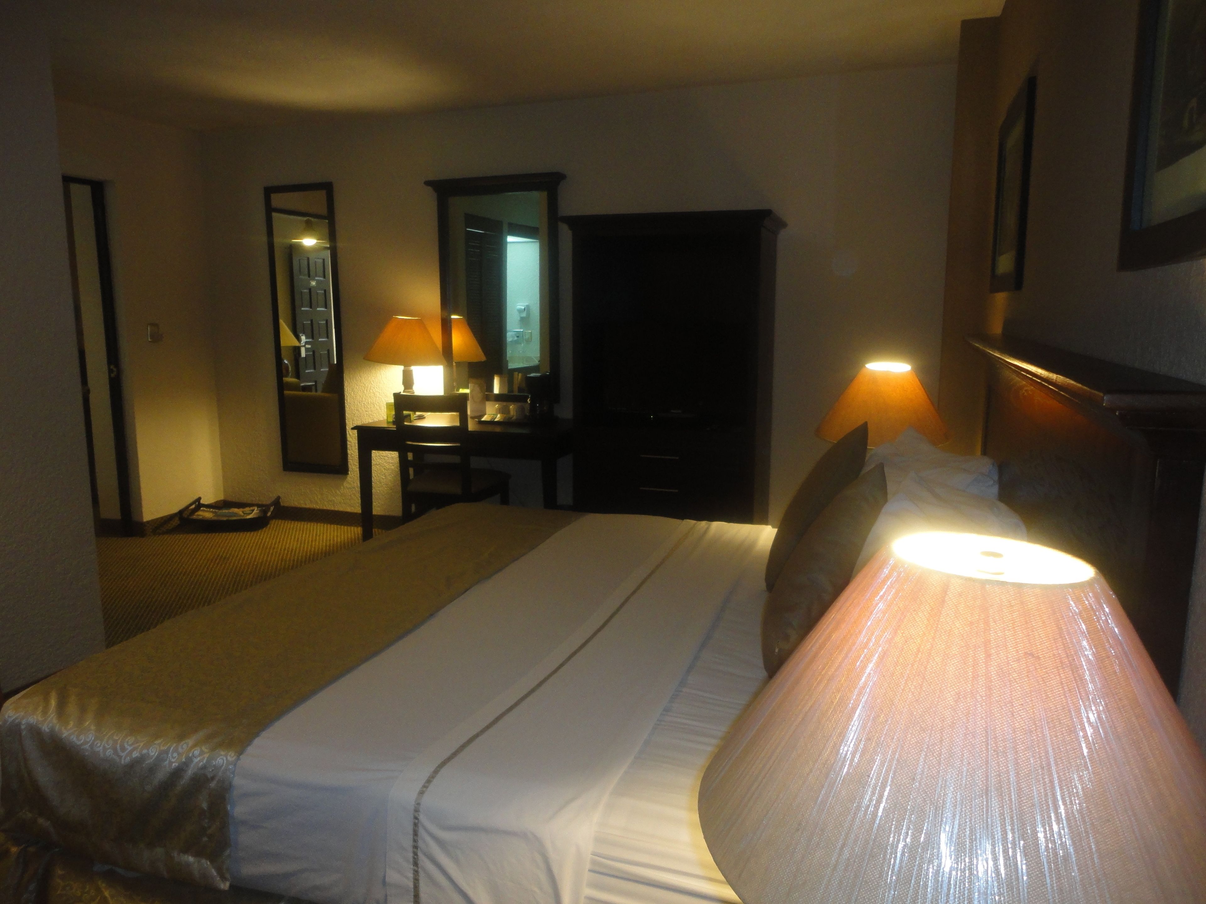 desk, laptop workspace, blackout curtains, iron/ironing board