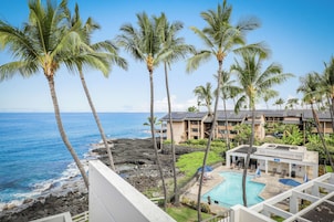 A hotel with a pool, palm trees, and a view of the ocean.