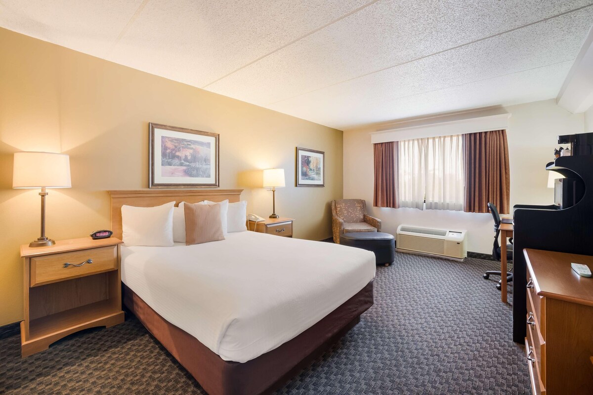 A hotel room with a large bed, bedside lamps, a desk, a chair, and a TV.