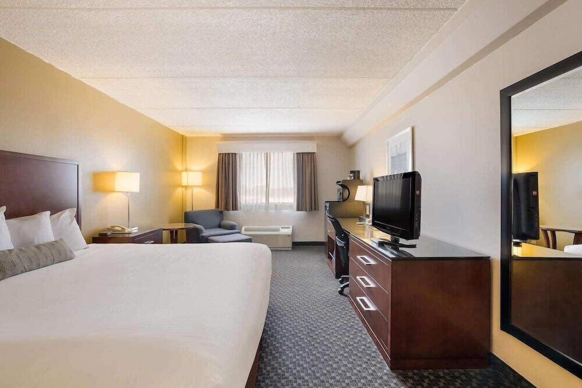 A hotel room with a large bed, a desk with a television, a chair, and a mirror.