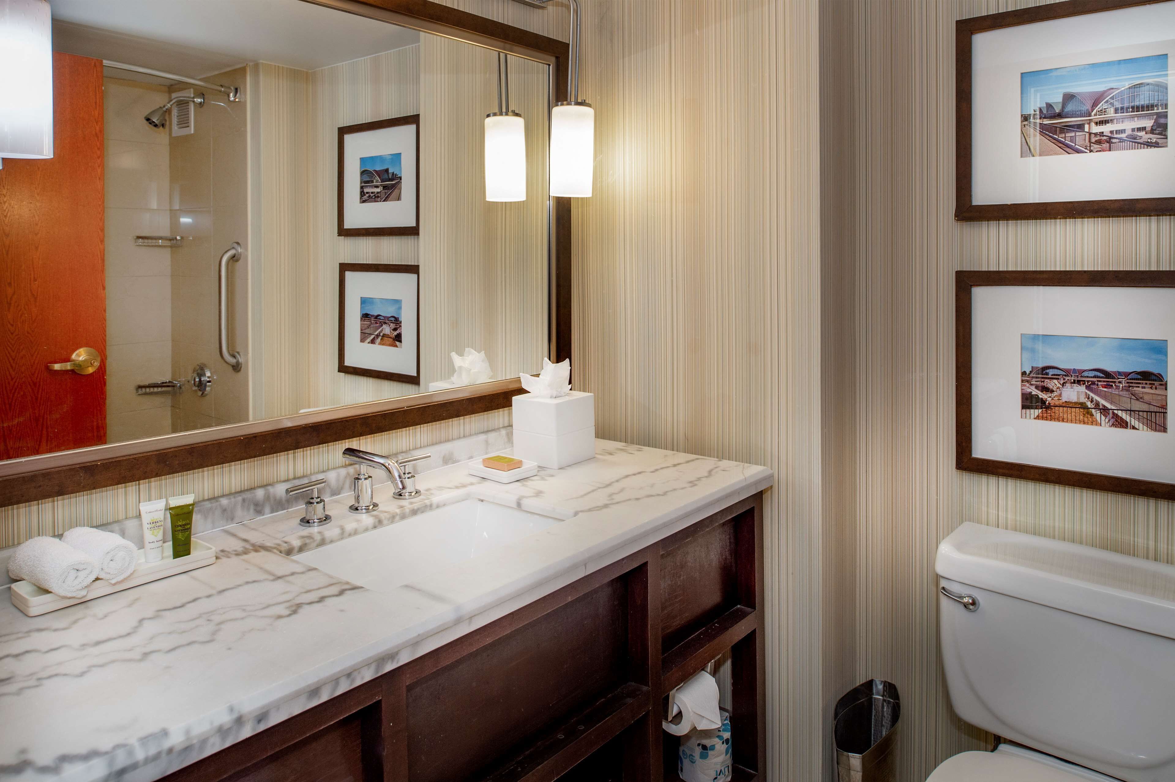 combined shower/bathtub, free toiletries, hair dryer, towels