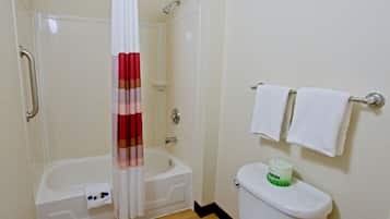 Combined shower/tub, free toiletries, towels, soap