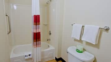 Combined shower/tub, free toiletries, towels, soap