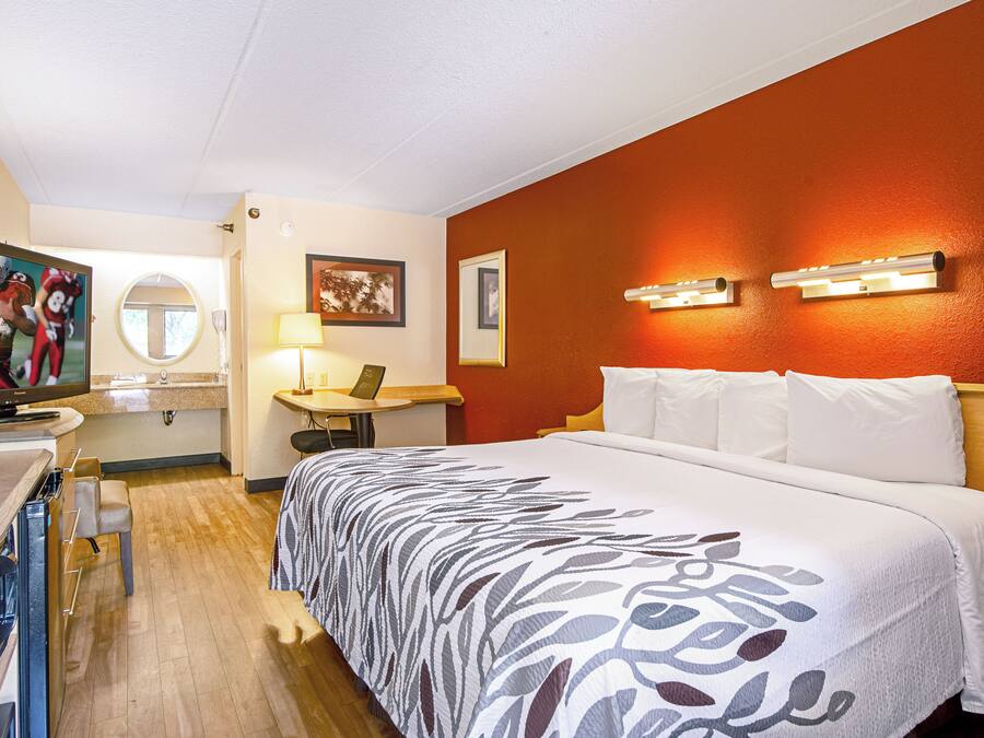 Ein Hotelzimmer mit einem Bett, einem Schreibtisch, einem Sessel, einem Fernseher und einem Spiegel.