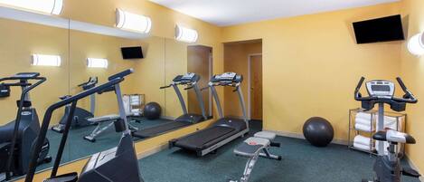 A gym with treadmills, elliptical machines, a stationary bike, and a weight bench.