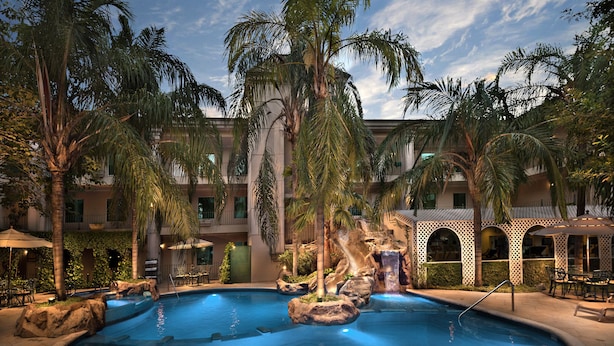 Un área de piscina con palmeras, una cascada y mobiliario exterior.