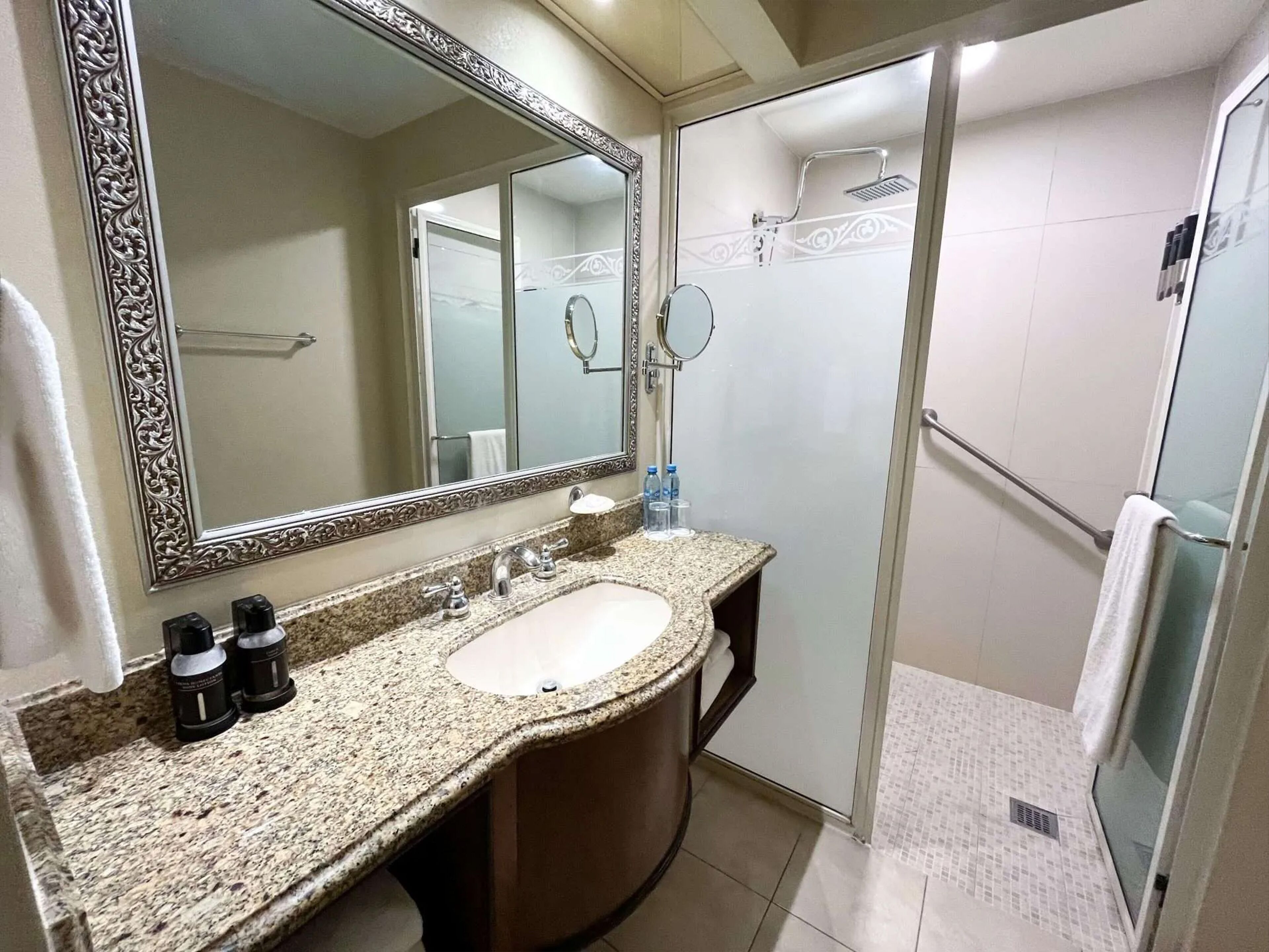 Une salle de bain dotée d’un comptoir en granit, d’un grand miroir, d’un lavabo, d’une douche et d’un porte-serviettes.