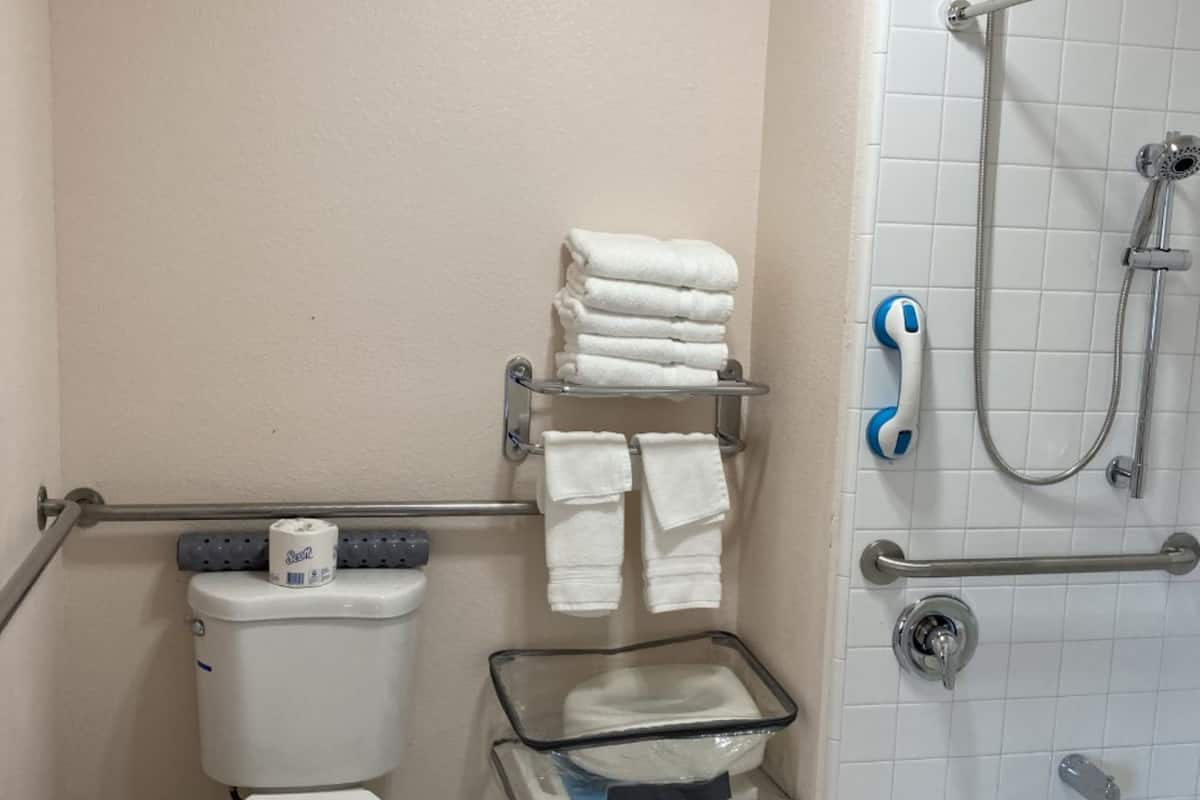 Eco-friendly toiletries, hair dryer, towels, soap