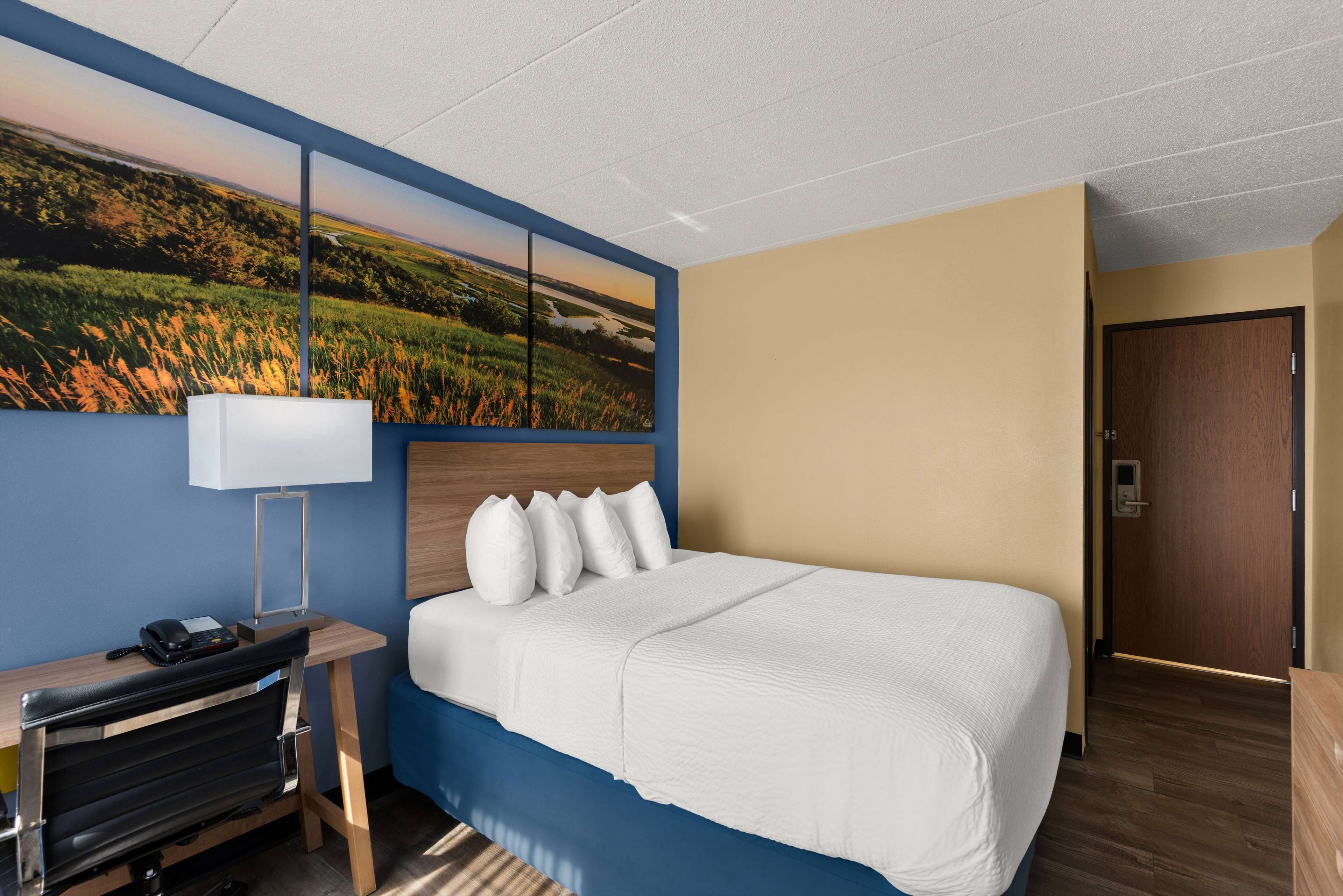 Habitación de hotel con cama, escritorio con lámpara, teléfono y un cuadro de un paisaje en la pared.
