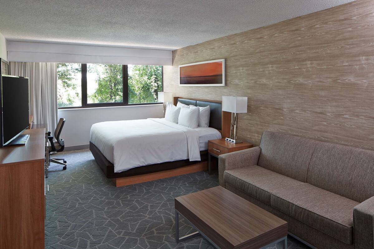 A hotel room with a bed, a sofa, a desk, a TV, and a window with a view of trees.