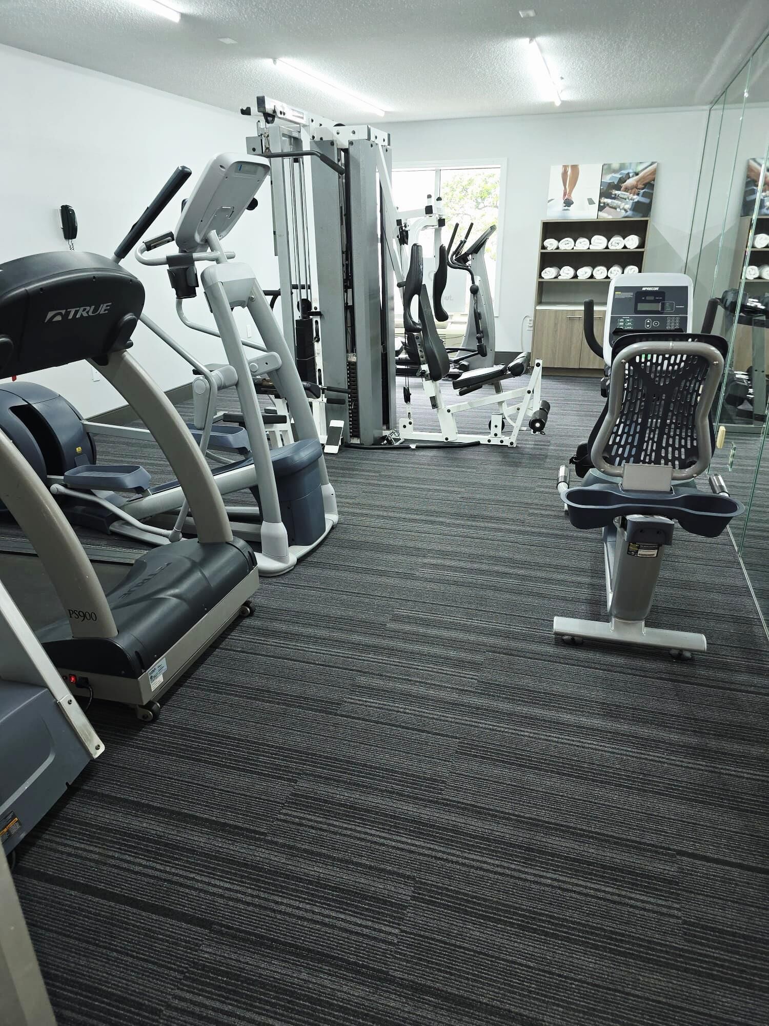 Un gimnasio con cintas de correr, máquinas de pesas y un espejo grande.