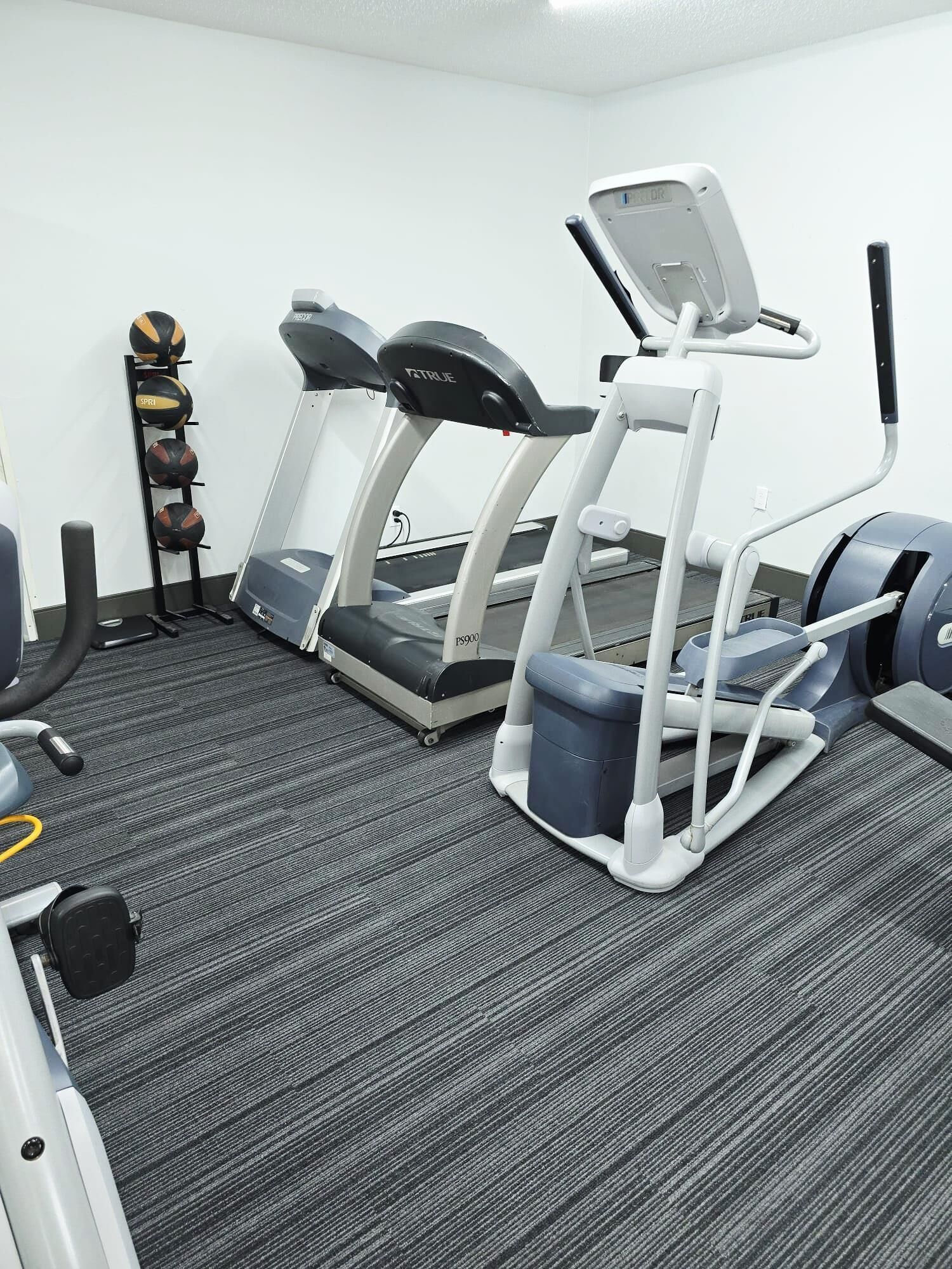 A gym with treadmills, a rowing machine, and a set of medicine balls.