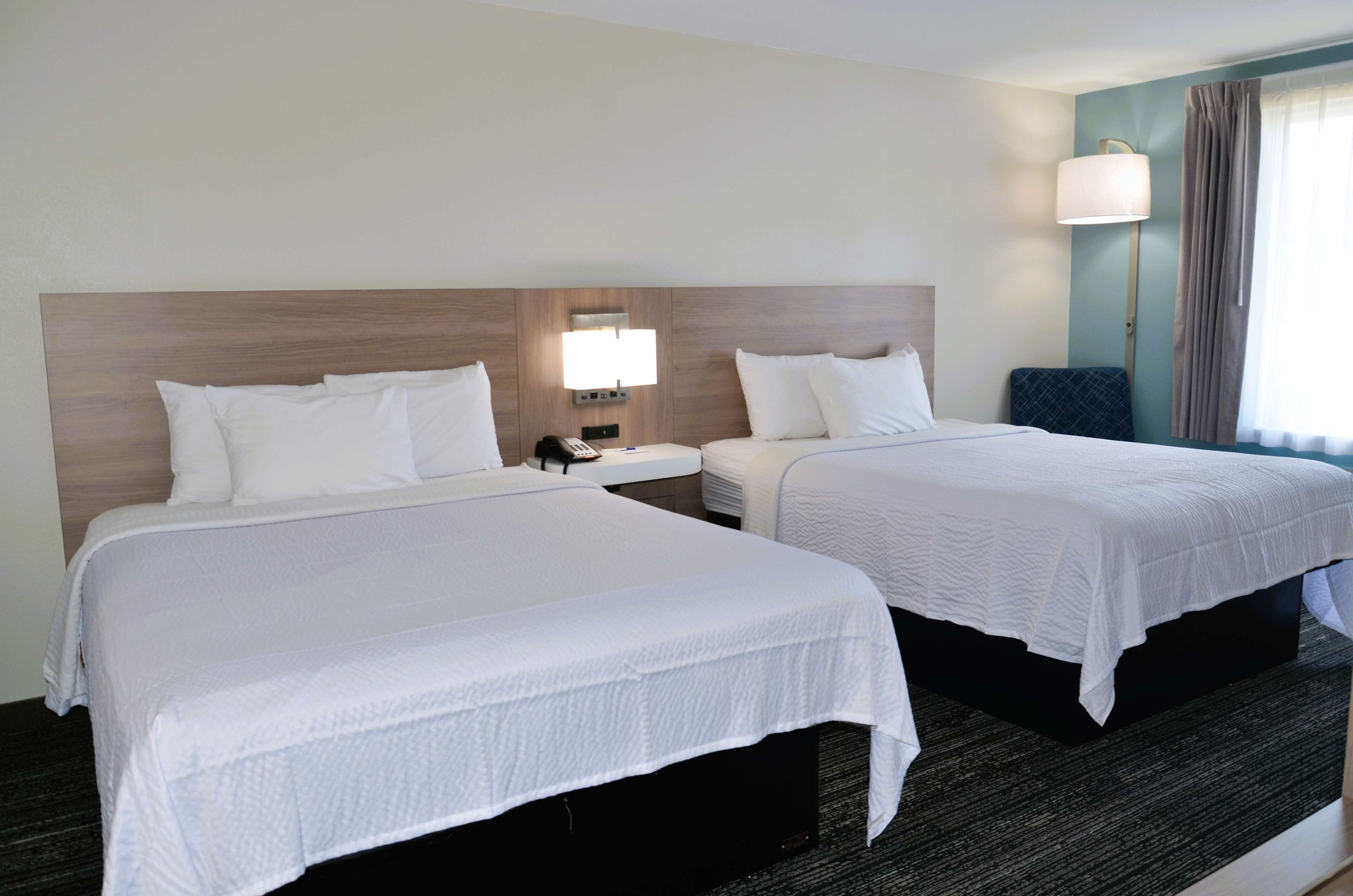 A hotel room with two beds, a nightstand with a lamp, and a view of the outdoors.