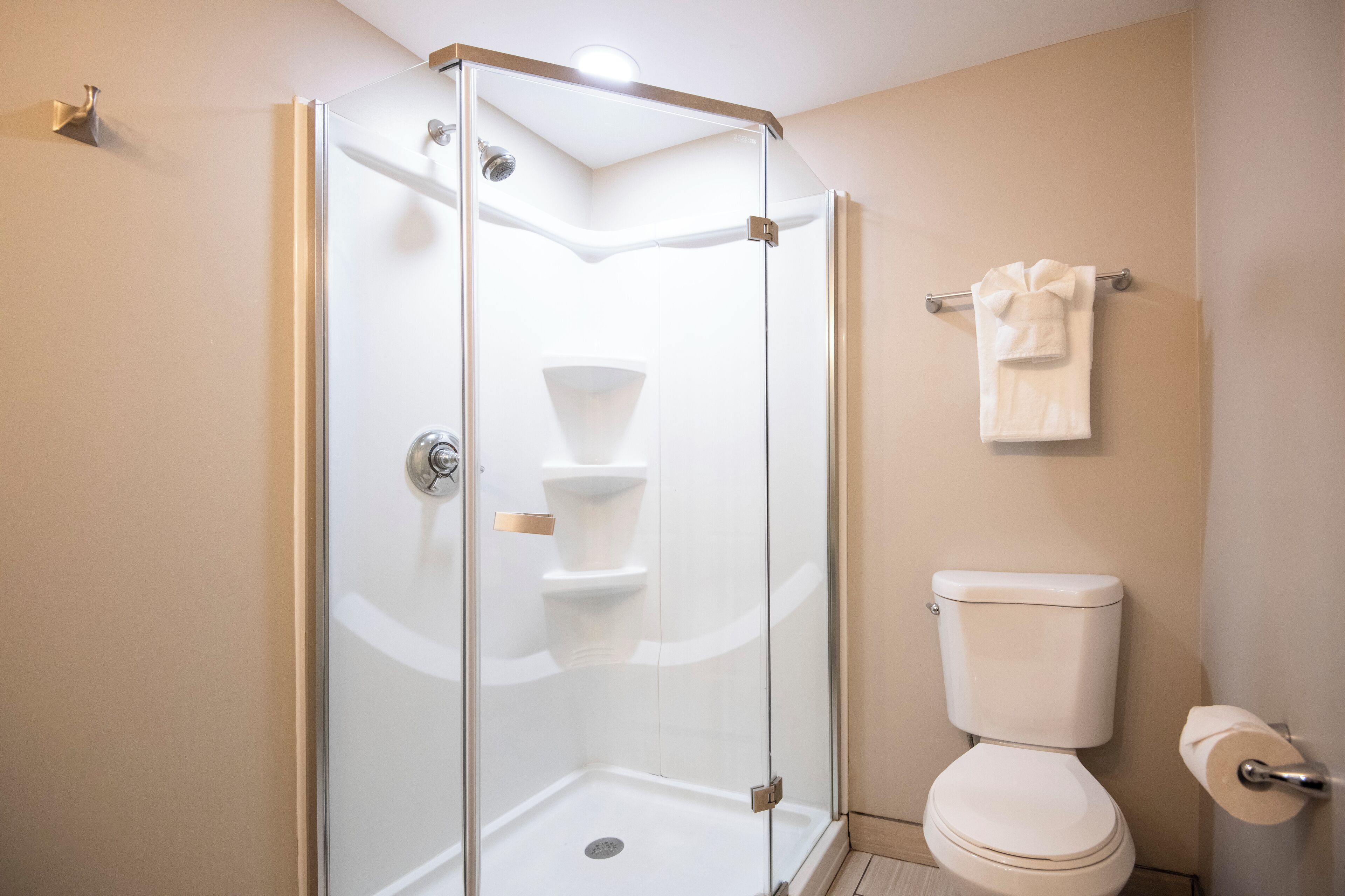 A modern bathroom with a glass-enclosed shower, a toilet, and a towel rack.