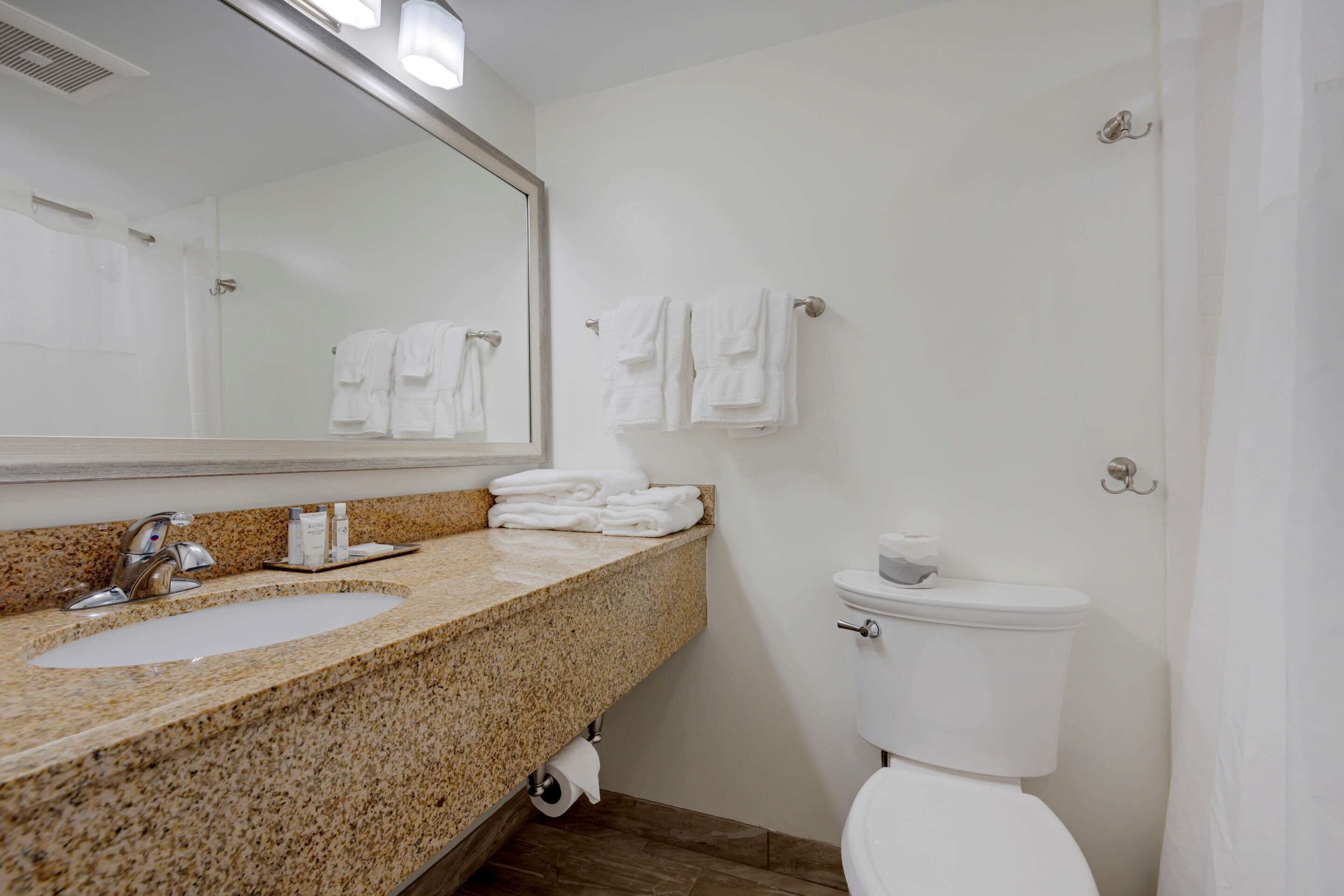 A bathroom with a granite countertop sink, a mirror, a toilet, and two towel racks with towels.