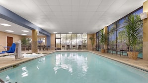An indoor swimming pool with clear water, surrounded by lounge chairs and potted plants.