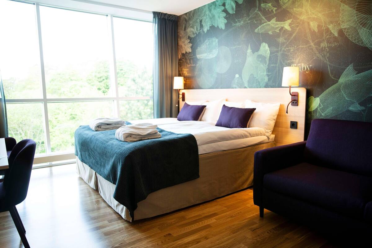 Desk, blackout drapes, rollaway beds (surcharge), WiFi (free)