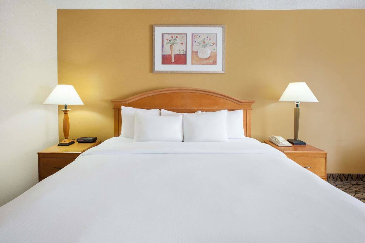 A hotel room with a large bed, two bedside tables with lamps, a wooden headboard, and a framed picture on the wall.