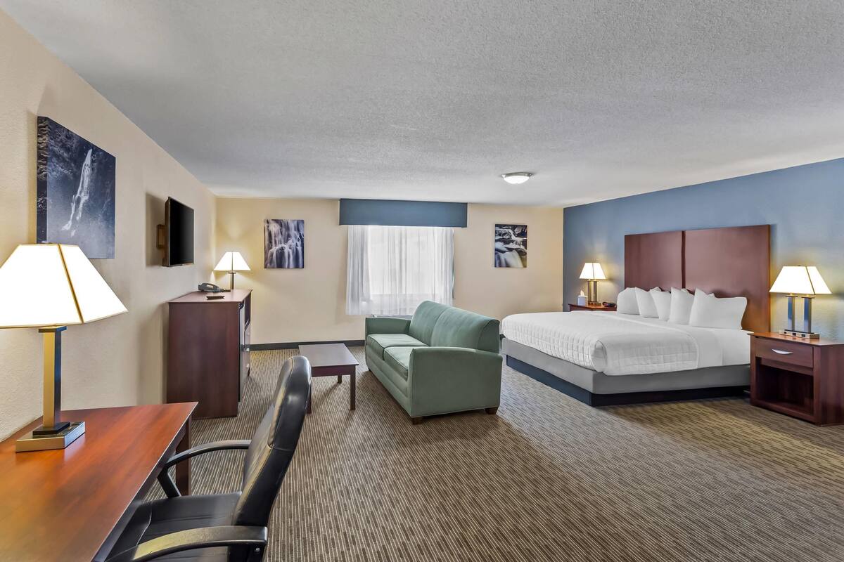 A hotel room with a bed, a sofa, a desk, a chair, and two lamps.